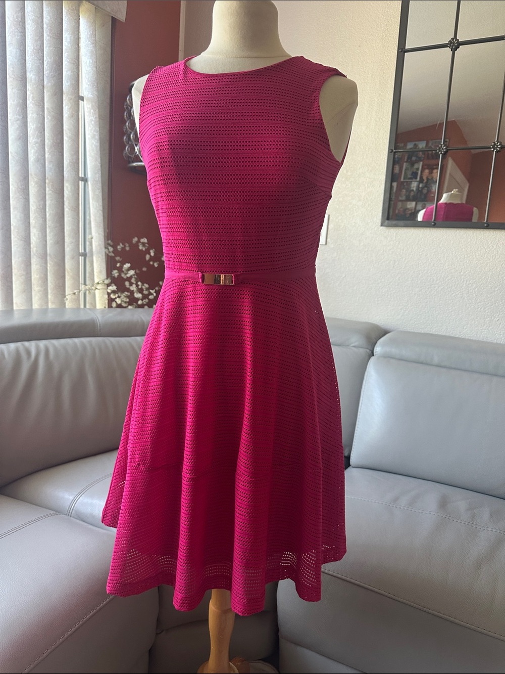Jennifer Lopez Fuchsia Textured Sleeveless Fit-and-Flare Dress